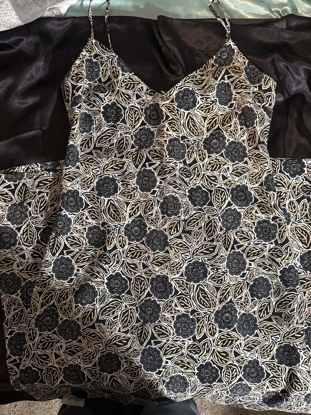 Jonathan Martin Vintage Black and Beige Floral Print Spaghetti Strap Maxi Dress